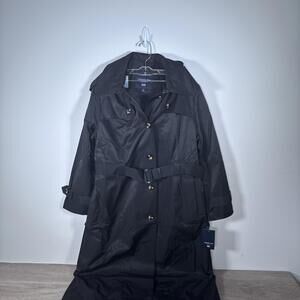 London Fog Women's XL Belted Hooded Water-Resistant Trench Coat BLACK